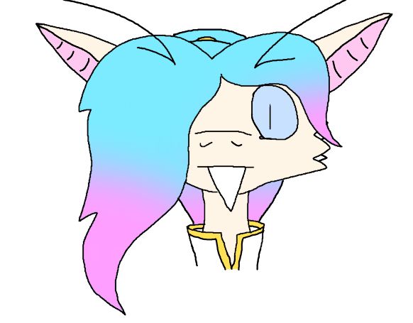 A front facing headshot of cream furred female Yinglet with cyan and pink hair