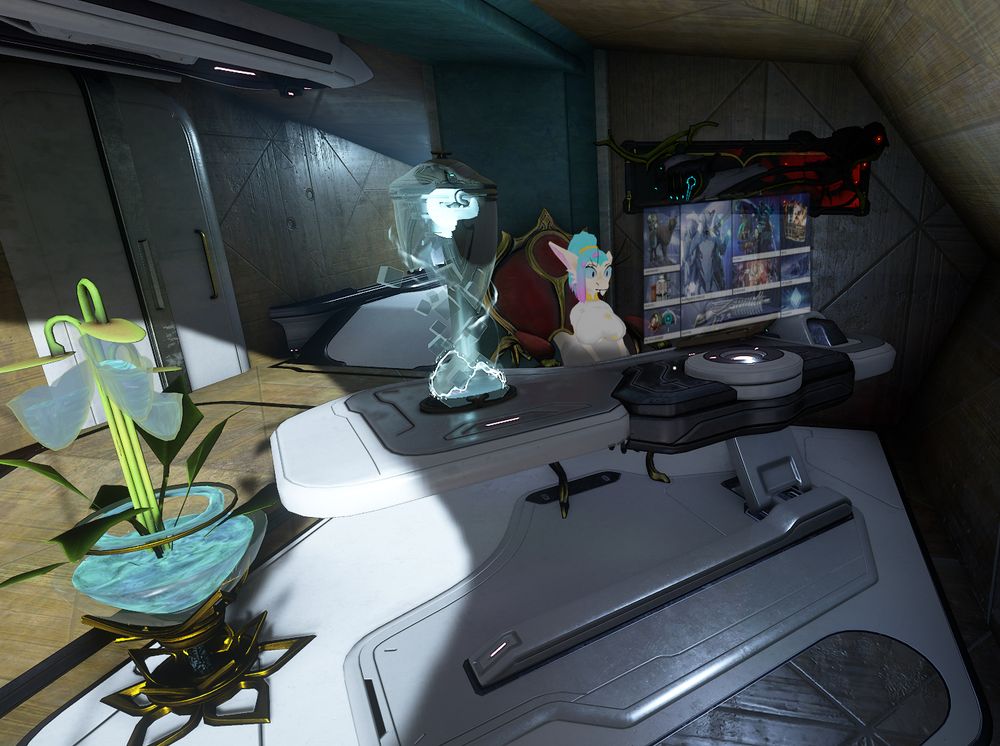 A cream furred female Yinglet with cyan and pink hair and a white and gold uniform in the Warframe orbiter, sitting behind a desk and looking at the codex