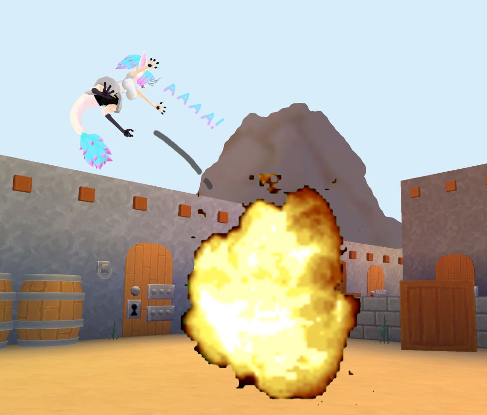A cream furred female Yinglet with cyan and pink hair in a white and gold uniform being sent flying by an explosion, screaming "AAAA!"