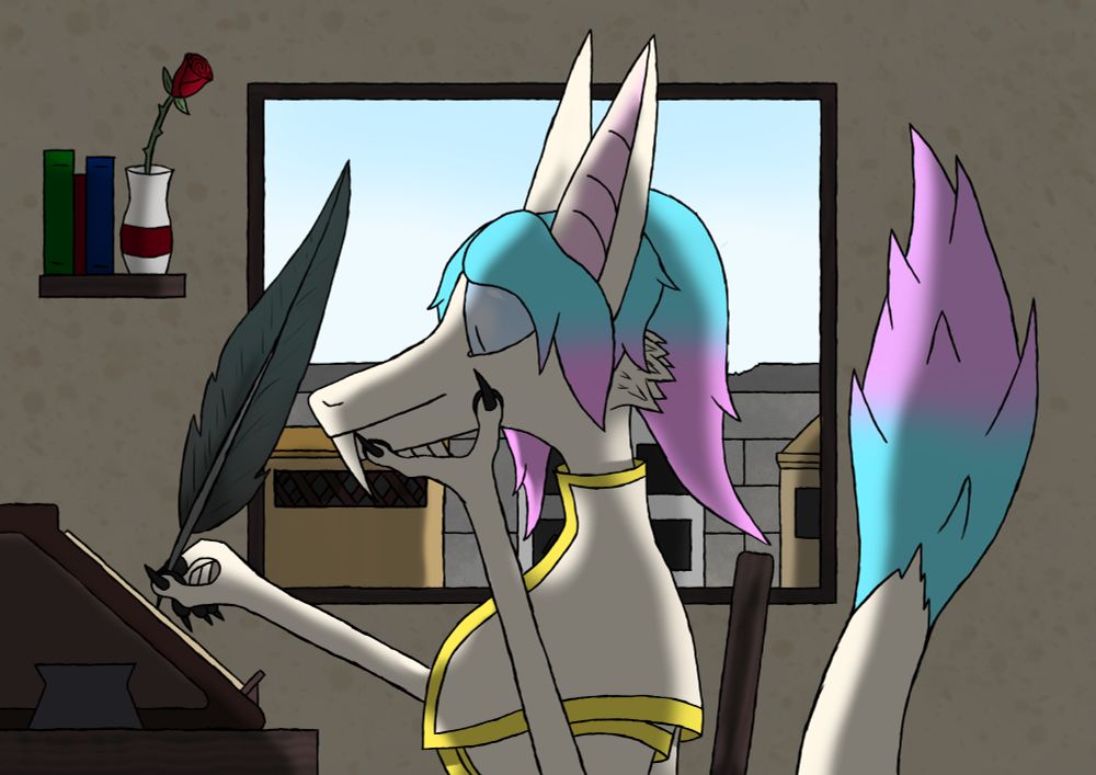 A female Yinglet in a white and gold uniform with pink and cyan hair in a ponytail with a bang. She is sitting at a desk by a window, writing with a large crow feather. It is reminiscent of the "Lofi Girl" image.