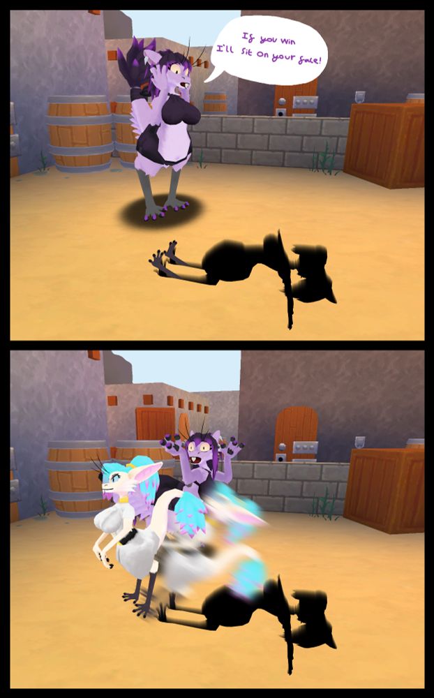 A large lavender furred female Yinglet with black and purple hair and deep purple shorts and and a crop top standing over a Yinglet shaped hole looking worried, saying "If you win I'll sit on your face!"

Below is another panel with the lavender Yinglet looking surprised as a cream furred female Yinglet with cyan and pink hair and a white and gold uniform springs out of the whole directly onto their feet with a determined look on their face.