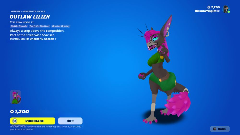 A Fortnite shop page for a black furred female Yinglet with purple hair and green clothing.

Outlaw Lilizh
Always a step above the competition
Part of the Streetwise Scav set.