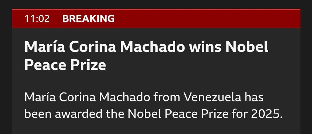 María Corina Machado from Venezuela has been awarded the Nobel Peace Prize for 2025.