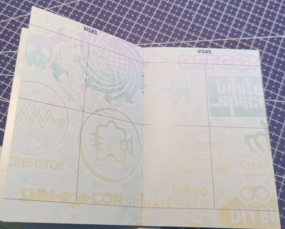 a hacker passport, almost blank, just a slight wet spot in the shape of something