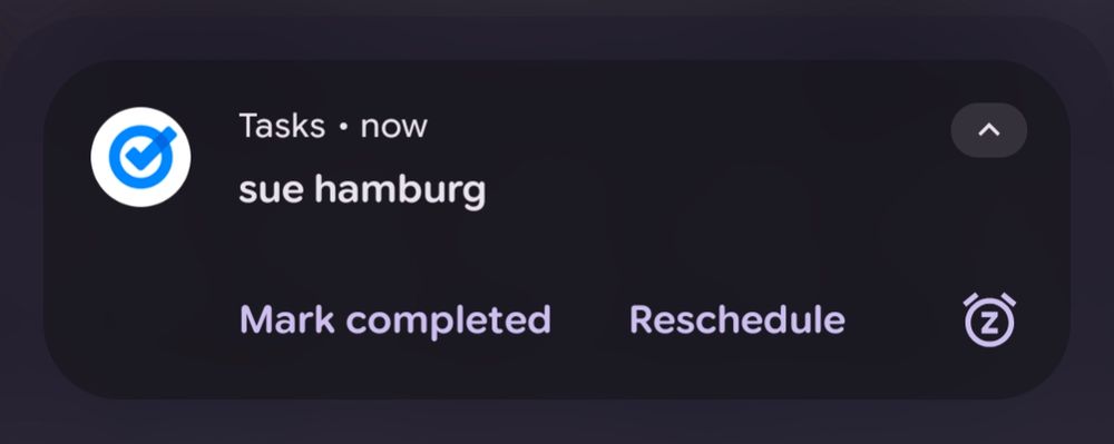 google tasks notif, text says "sue hamburg"
