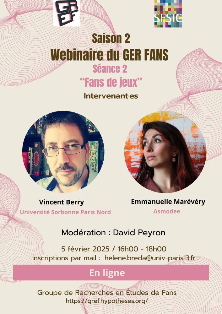 Poster de l'événement avec les portraits des intervenants.
Vincent Berry est professeur des universités à l'université Sorbonne Paris Nord et membre de l'équipe de recherche « Loisirs, jeux et objets culturels de l'enfance » au sein du laboratoire EXPERICE. S’inscrivant dans une sociologie du jeu et des loisirs, ses travaux analysent l’évolution des pratiques et de la culture ludique contemporaine (jouet, jeu de société, jeux vidéo, jeux de rôles, etc.).
Emmanuelle Marévéry est formatrice spécialisée dans les activités de loisirs (sports, jeux videos, jeux de société) ; elle accompagne les marques pour sublimer leur expérience utilisateur (UX). Elle a travaillé dans les grands groupes de ces domaines (Décathlon, Ubisoft et Asmodée) mais aussi pour des grandes entreprises en tant que consultante (Axa, Chanel, Orange, Michelin, Picard). De triple formation (ingénierie, design, psychologie), elle organise des ateliers co-design, réalise des études clients (quanti, quali, hybride, data, biométrique) et dispense des formations.
