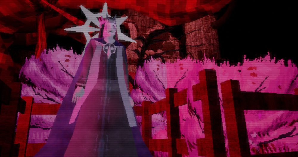 A screencap from the game They Speak from the Abyss: Zenith. The character Saint Soma is standing to the left, next to a fence and several bushes. In the background is the mansion Melancholia.