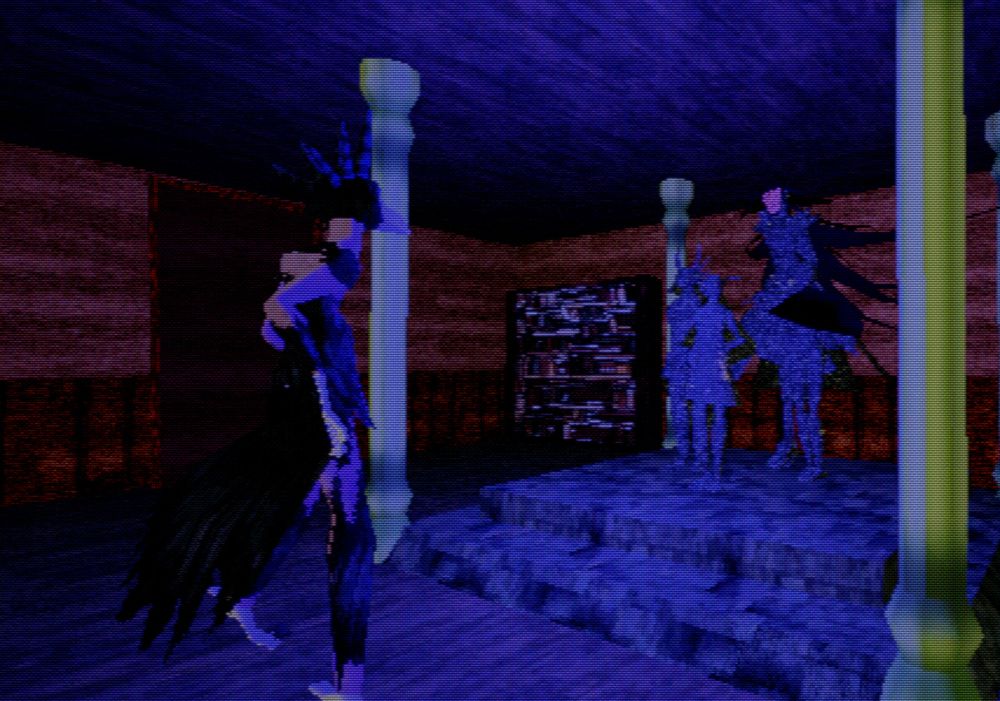Screecap from the game They Speak from the Abyss: Zenith. There is a large harpy looking at a series of statues.