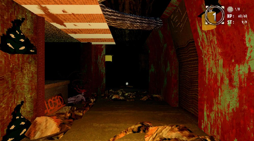 Screencap from the game They Speak from the Abyss: Zenith. A narrow hall, heavily cluttered. wires hang from the top of the screen. A demon hangs out in an area slightly off to the side.