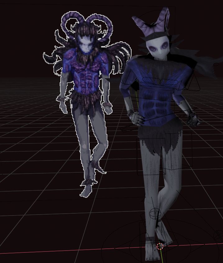 screencapture of the 3D modeling software blender. There is a demon sprite in the background, and the model I made of it in the foreground.