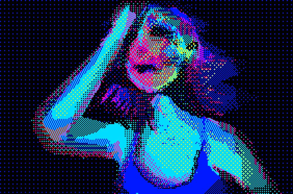 A mockup for a panel of a scrapped game.
A person is holding their head, their face is spattered with pink. They look in pain. The shading is disjointed dithering.