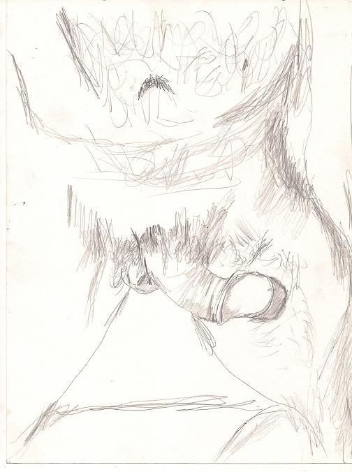 Rough pencil sketch of the lower half of a person whose penis is erect and curving slightly to the right. 