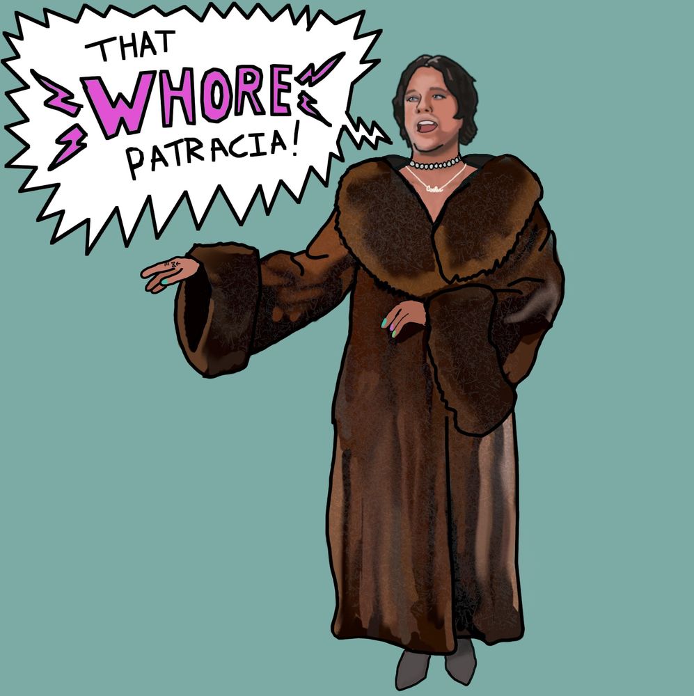 Caelan Conrad with short brown hair wearing a pearl choker, their f*ggot necklace, and a big fur coat screaming "that WHORE Patricia". It was a Respect the Dead reference from the Ayn Rand episode (Bear Rug Cum Mommy). 