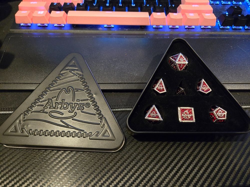 Arby's-branded metal dice set