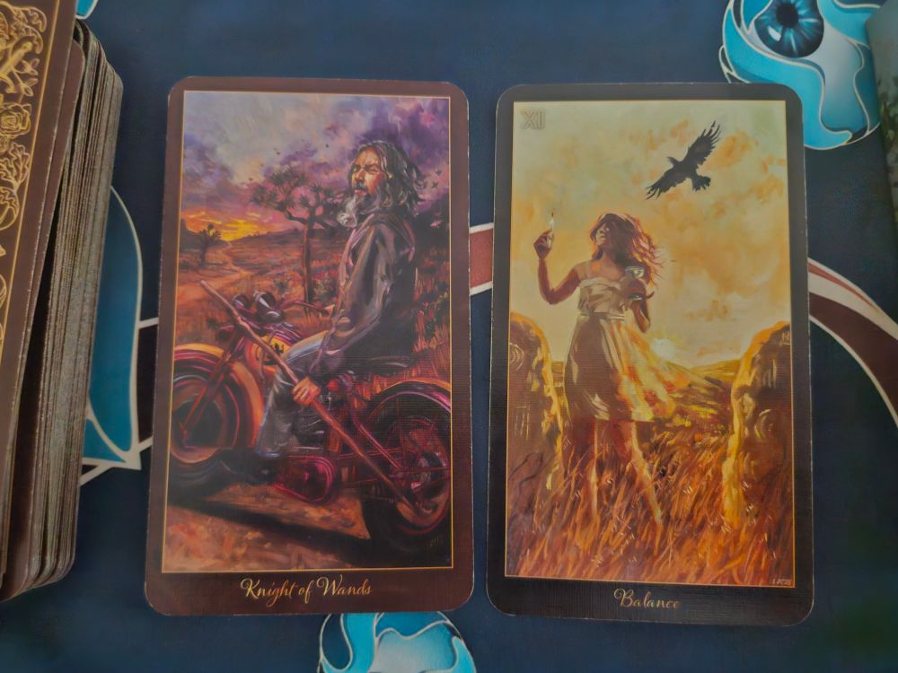 The Knight of Wands and Balance (Justice) from the Slow Tarot