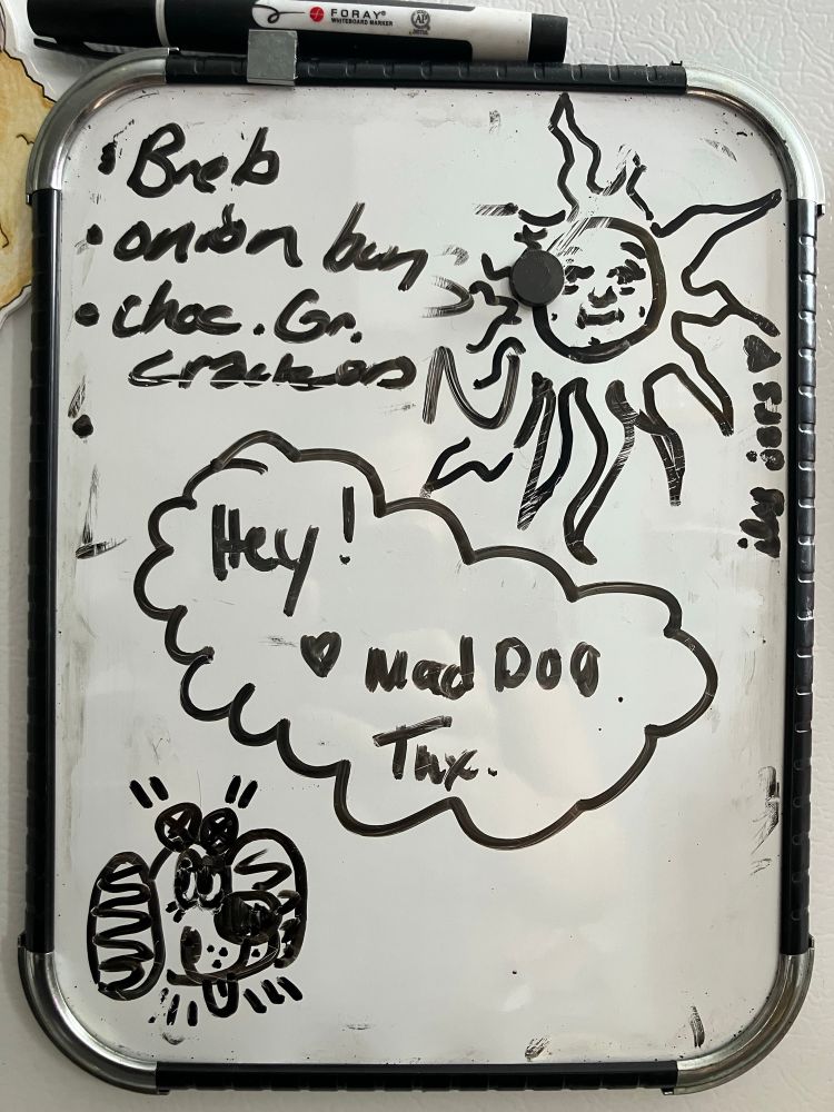 mini whiteboard shopping list w/ notes and doodles incl. puppy alphabet in bottom left corner
