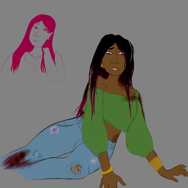 Two drawings of a young woman with long, dark hair. The left is only from the chest up whole the lower right drawing has her pushing herself up off of the ground with an expression of anguish. Blood stains the side of her head, neck, and one of her knees