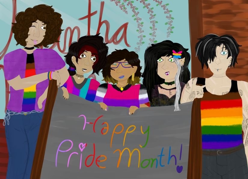 Five people standing in front of a glass window reading "Akantha" and behind a "Happy Pride Month" posted. Both on the end are wearing rainbow flag shirts, while from left to right one is wearing the bi and androgyne flags, the next is wearing ace and bi flags, while the third has a pin with the pan flag in the colours. 
Left to right are Zadkiel, Enoby, Arty, Delia, and Alexei