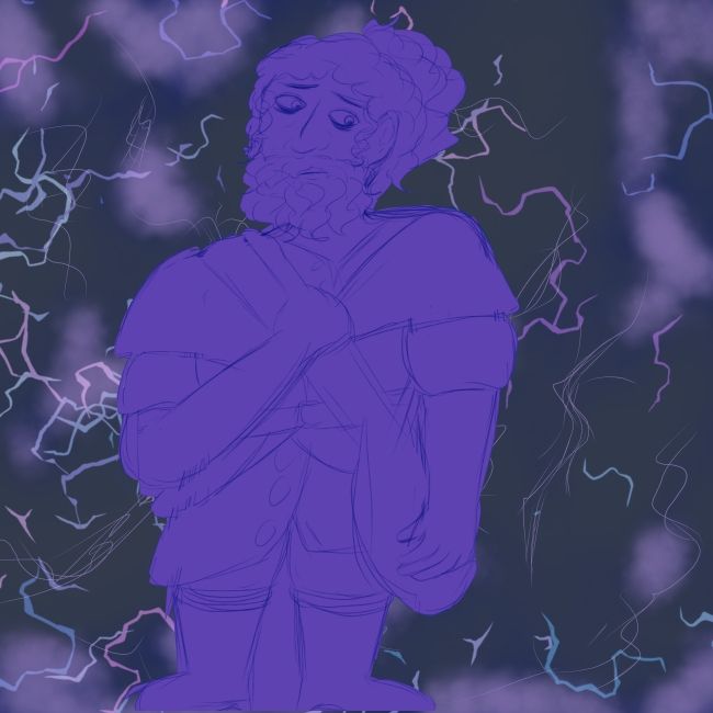 A tired looking dwarven man holding a bag amidst a storm of lightning and clouds