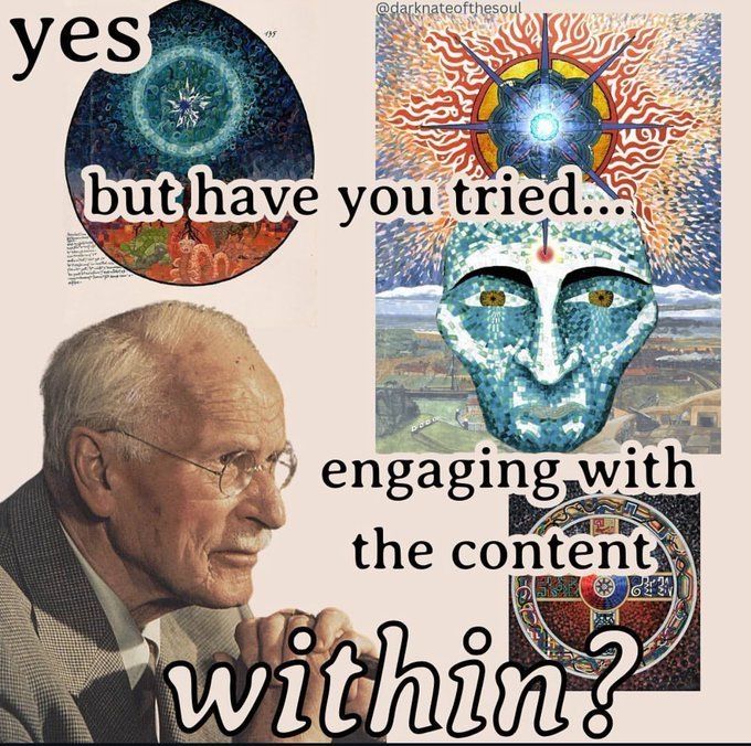 Several esoteric art pieces on a cream backgrouns with an photograph of an old white man with a white mustache and circular glasses in the bottom left hand corner. The text reads "yes but have you tried... engaging with the content within?"