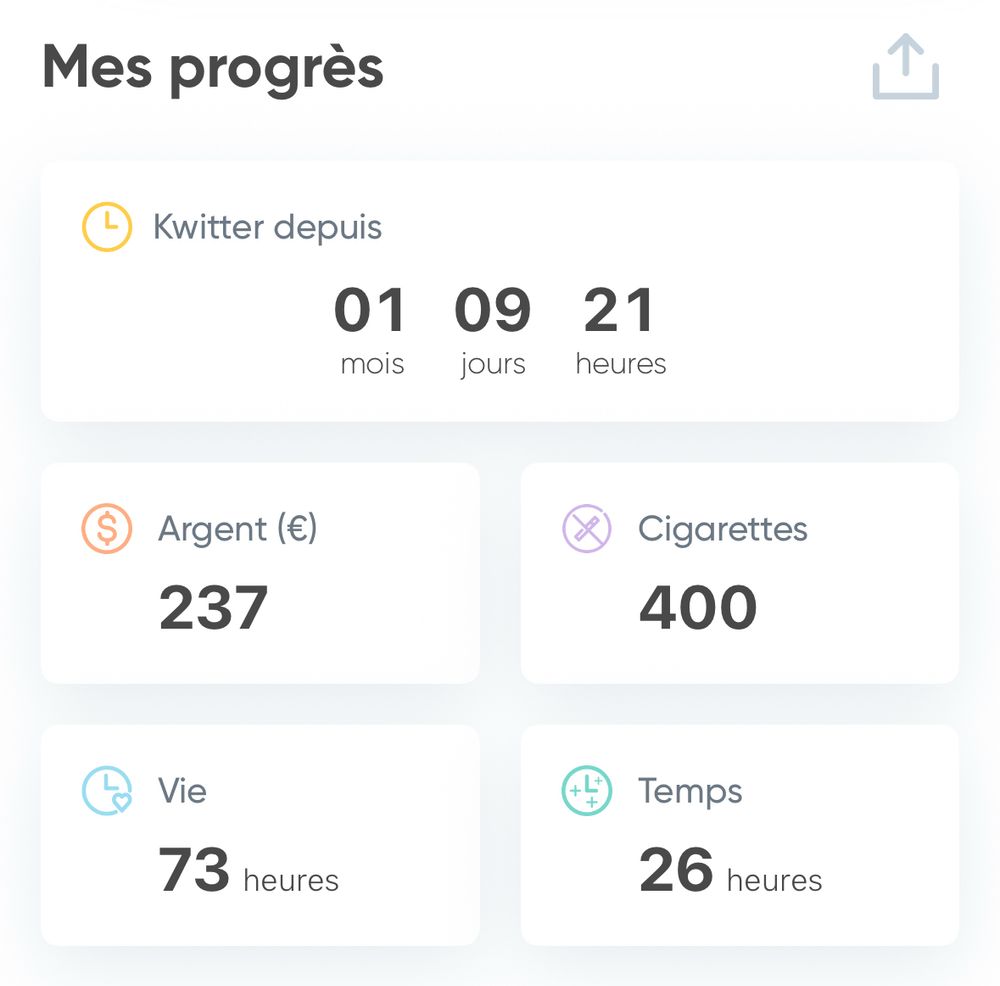 Capture d'écran d'une application de suivi pour l'arrêt de la cigarette, elle indique le temps passé depuis la prise de décision de l'arrêt (pour moi le jour où j'ai jeté mon paquet sans en racheter depuis), l'argent économisé et le nombre de cigarettes (selon ma consommation initiale) et le temps de vie gagné.
Les données ne sont pas à prendre au pied de la lettre mais cela donne un côté ludique et motivant à l'arrêt.