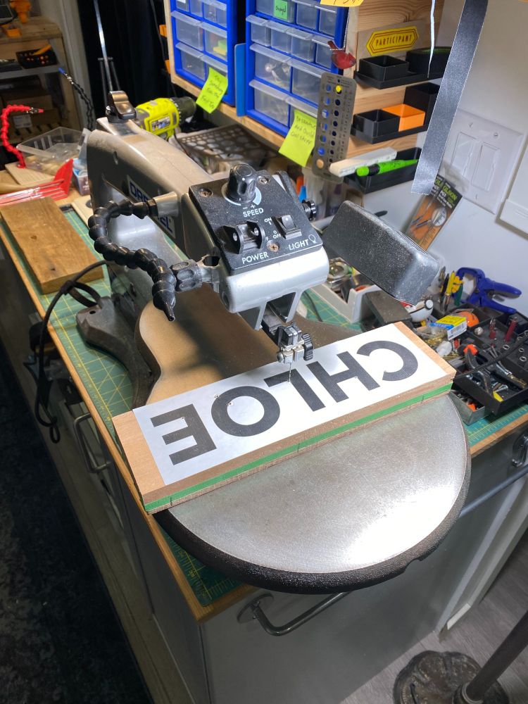 Ready to cut out the letters on the scroll saw.