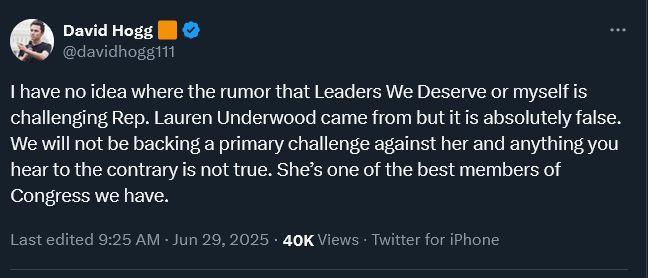 I have no idea where the rumor that Leaders We Deserve or myself is challenging Rep. Lauren Underwood came from but it is absolutely false. We will not be backing a primary challenge against her and anything you hear to the contrary is not true. She’s one of the best members of Congress we have.
