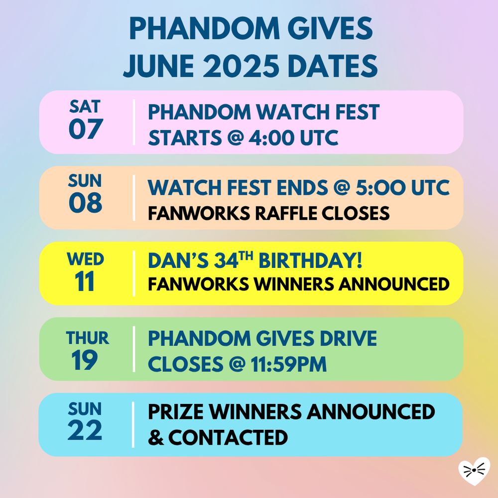 A pastel rainbow gradient background, the title reads PHANDOM GIVES JUNE 2025 DATES with 5 rounded rectangle text blocks that read:
SAT 07- PHANDOM WATCH FEST STARTS @ 4:00 UTC
SUN 08- WATCH FEST ENDS @ 5:00 UTC FANWORKS RAFFLE CLOSES
WED 11- DAN'S 34TH BIRTHDAY! FANWORKS WINNERS ANNOUNCED
THUR 19- PHANDOM GIVES DRIVE CLOSES @ 11:59PM
SUN 22- PRIZE WINNERS ANNOUNCED & CONTACTED