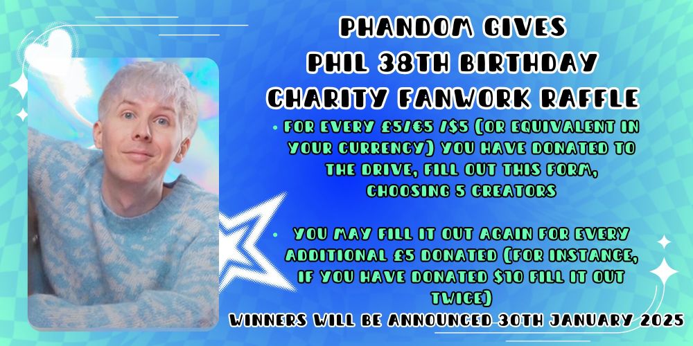 PHANDOM GIVES FANWORK RAFFLE NOW OPEN FOR ENTRIES

RULES
For every £5/€5 /$5 (or equivalent in your currency) you have donated to the drive, fill out the form, choosing 5 creators.
You may fill it out again for every additional £5 donated (For instance, if you have donated $10 fill it out twice).

Winners will be announced January 30th 2025