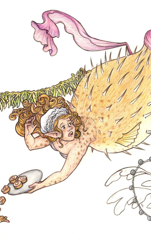 A pufferfish mermaid with strawberry blond hair in wavy curls, with her tail pulled high and out of frame, looks over her shoulder with a concerned expression. She wears a lace trimmed, white bonnet on her head. Her skin has freckles on her face and larger brown spots on her pale skinned arms and back that transition into the patterns on her yellow pufferfish tail.

Her right hand is raised from the silver tray she holds in her left hand. From the tray are falling treats that are similar to slices of mini swiss rolls with a red jam filling. 

A gauzy magenta scarf is drifting above her in the water, snagged onto one of her pufferfish spines. 

As well, the seaweed garland behind her also seems like it might have snagged onto her.