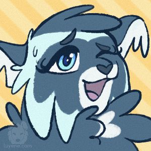 An icon of a blue-gray fluffy cat, winking her left eye. Her right eye is blue and she's looking happy, slightly offscreen.