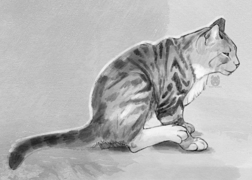 A digital sketch of a tabby cat sitting in an awkward way
