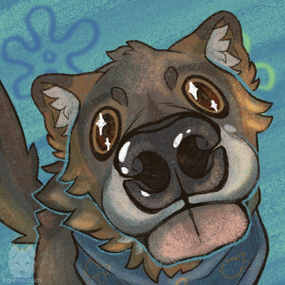 An icon of a canine character, very cartoony, with exaggerated perspective on the nose that is pointing toward the viewer. They have their tongue sticking out. The character is sitting in front of a background from the skies seen in Spongebob.
