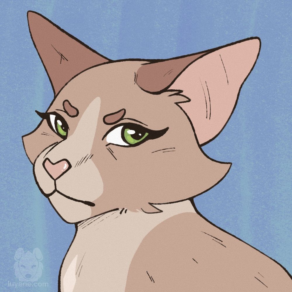 An icon of a beige colored cat, face pointed toward the left, but her green eyes look off toward the right dismissively. The cat is flat colored and sits on top of a blue backdrop.