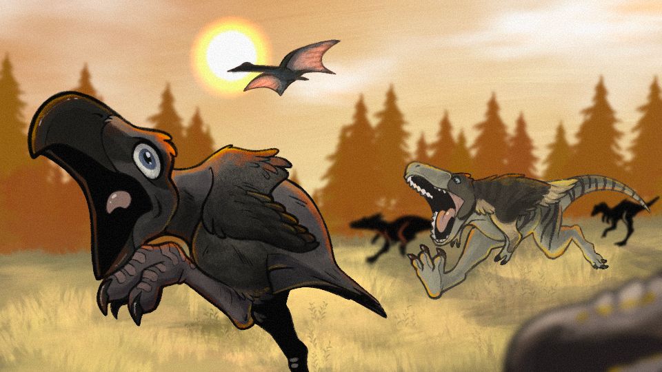 A digital illustration of a Keleken fleeing from 4 Alioramus chasing them. The Keleken's mouth is wide open, and his eyes are wide in terror. The most visible Alioramus has their mouth wide open as well. A Quetzalcoatlus flies overhead, observing.