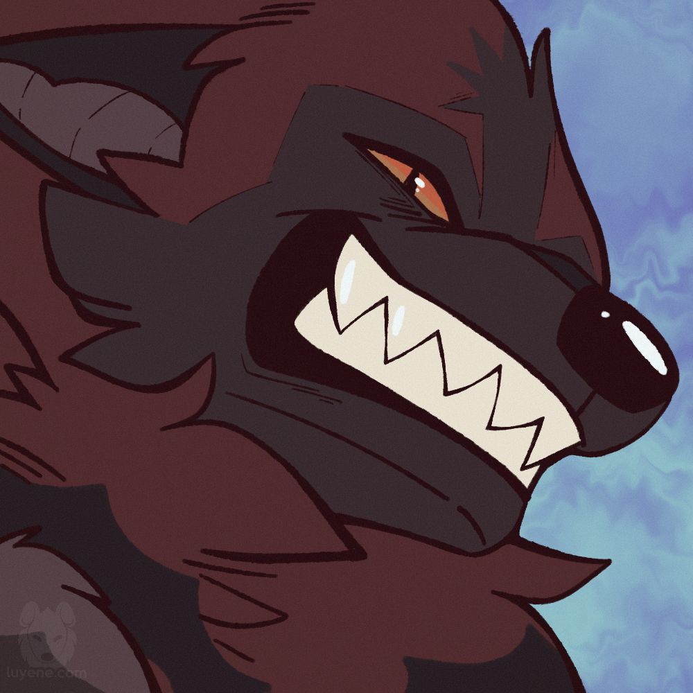 An icon of a bat-canine hybrid with red and gray colorations from a lower angle as they grin wide, showing pointy teeth. Their eyes are orange, and they look down at the viewer, muzzle crinkled and ears back.