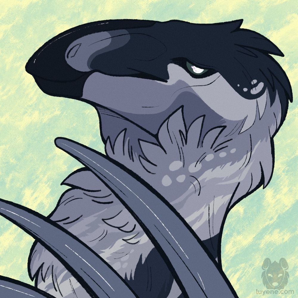 An icon of a cool-toned Therizinosaurus on a pale green backdrop. The Therizinosaurus is raising a clawed forelimb just high enough to show the viewer 2 claws and a mostly concealed 3rd claw. The Therizinosaurus is smirking at the viewer.