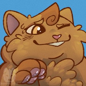 A small icon of a fluffy orange cat looking bashfully offscreen. She is in front of a blue background.