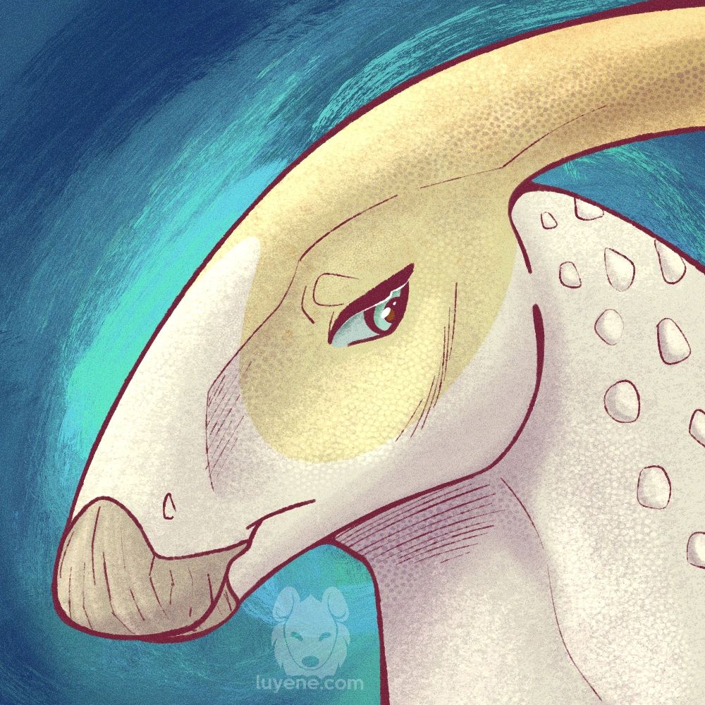 An icon of a yellow and white Parasaurolophus character looking somberly offscreen on a blue background textured with paint strokes.