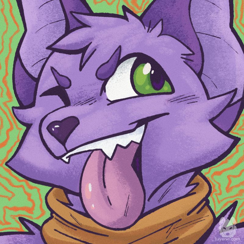 An icon of a purple cat with an orange bandanna, sticking his tongue out with a bratty/excited grin that flash their teeth. One eye is closed, while the other looks off toward the right. The eyes are green.