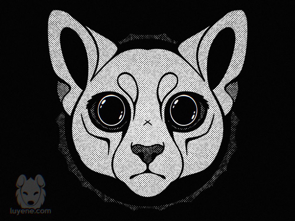 A black-and-white digital drawing of the face of a cat, with wide, dilated eyes, looking at the viewer with a simple depiction of an eclipse behind it. Features halftone texturing.