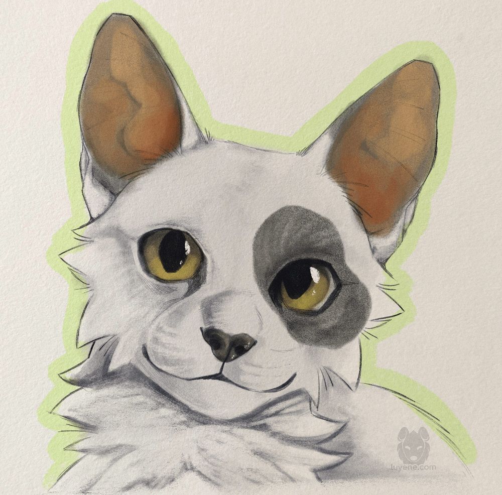 A bustshot of a white cat with green eyes. There is a single black spot covering the fur around the character's left eye. The art style mimics traditional art, with pencil-like linework and shading and watercolor-like coloring.
