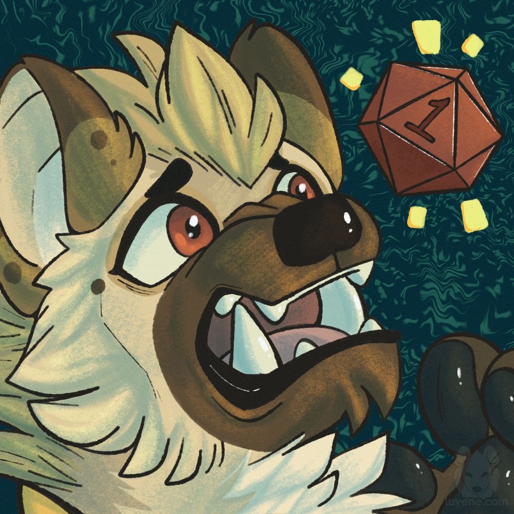 An icon of a gnoll (anthropomorphic hyena species) from DND, looking fearfully shocked at a floating D20 dice that has rolled a 1. He is sitting in front of a dark teal background.