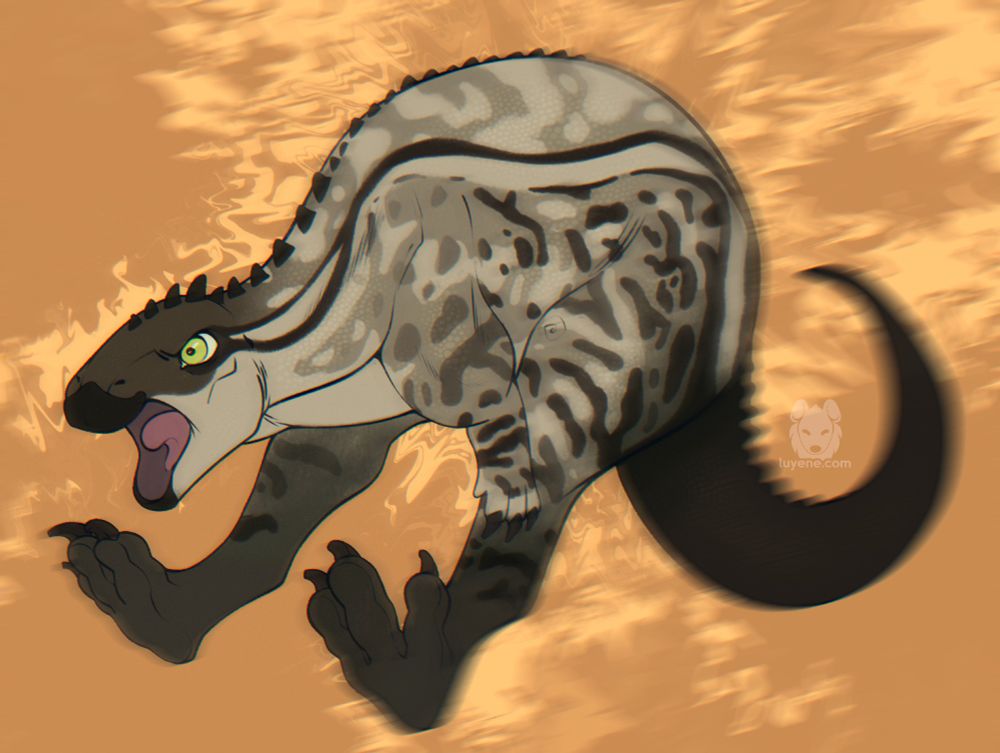 A Camptosaurus with earthy colors hopping like a Kangaroo with an angry face, mouth wide open. Motion blur at the tail exaggerates the hop speed.