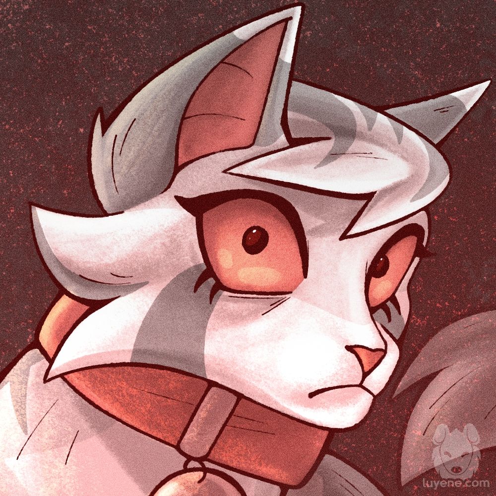 An icon of a gray cat with a red collar and red eyes. She is looking toward the viewer with wide, unblinking eyes in a blank stare. She is on top of a red, noisy background.
