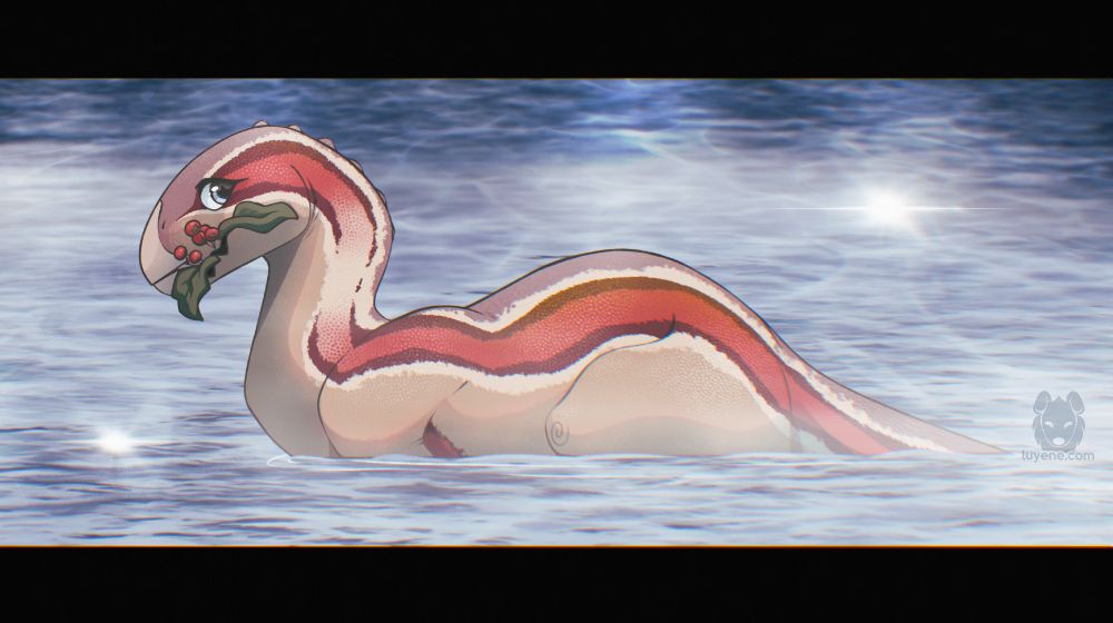 A cream colored camptosaurus with a red stripe on the sides wading in water holding a branch of red berries.