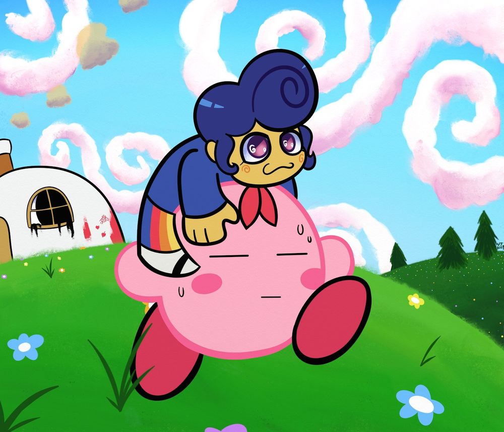 A Kirby-Welcome Home crossover. Kirby is on a walk with a slightly annoyed look on his face as Welcome Home's protagonist/maybe villain, Wally, is riding on top of his head. 

In the background, Kirby's house appears to be possessed by Home, the mysterious entity possessing Wally's house who may or may not be an evil god. It won't be to long now when it realizes it has made a huge mistake messing with Kirby. 