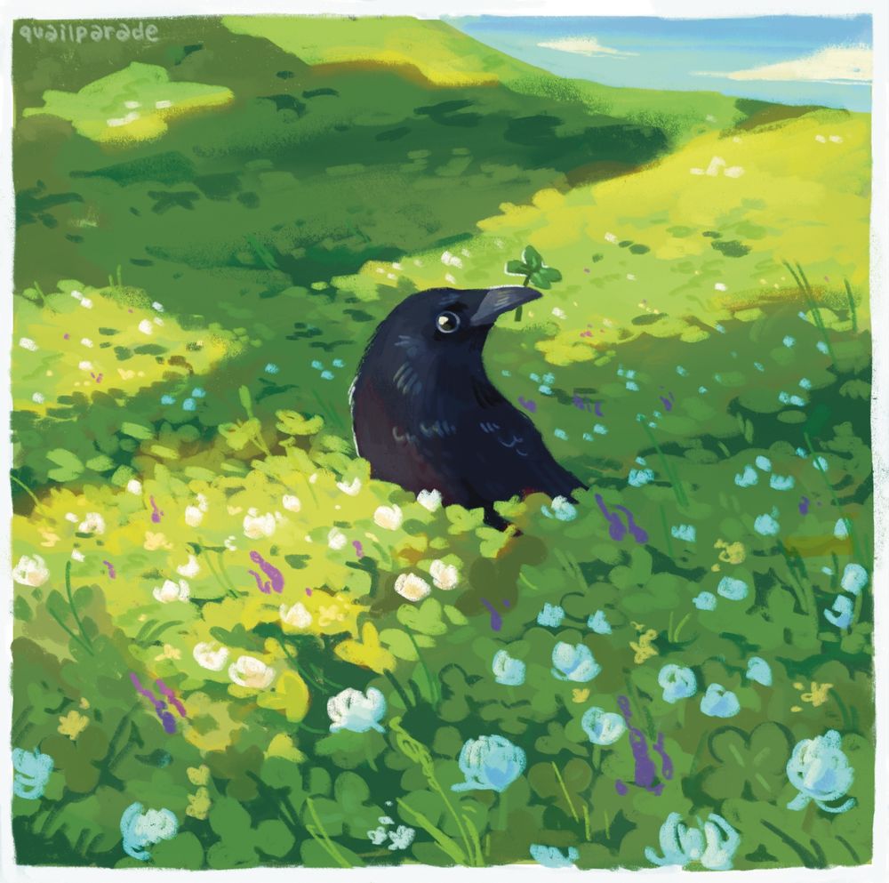 A digital painting of a crow holding a four leaf clover in its beak, standing on a field of wildflowers and clover