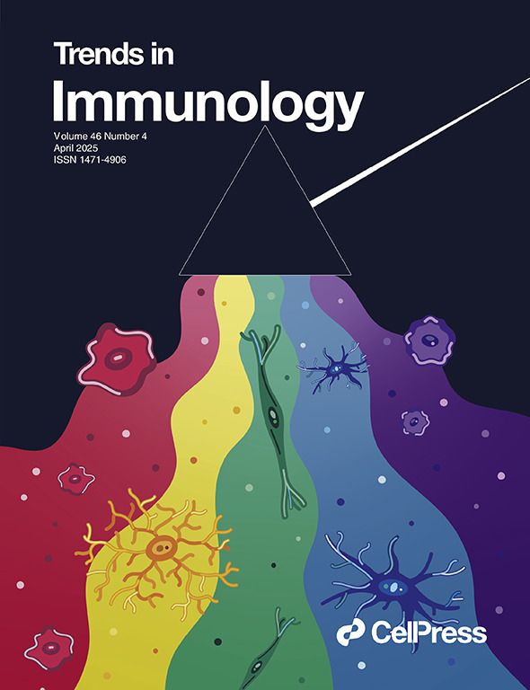 Journal cover of Trends in Immunology, Volume 46, Number 4, April 2025, ISSN 1471-4906. The cover features a striking design with a dark navy background and a triangular prism splitting light into a colorful spectrum below. The spectrum shows different immune cells illustrated in rainbow colors (red, yellow, green, blue, and purple bands) with microglial and immune cells visible throughout.