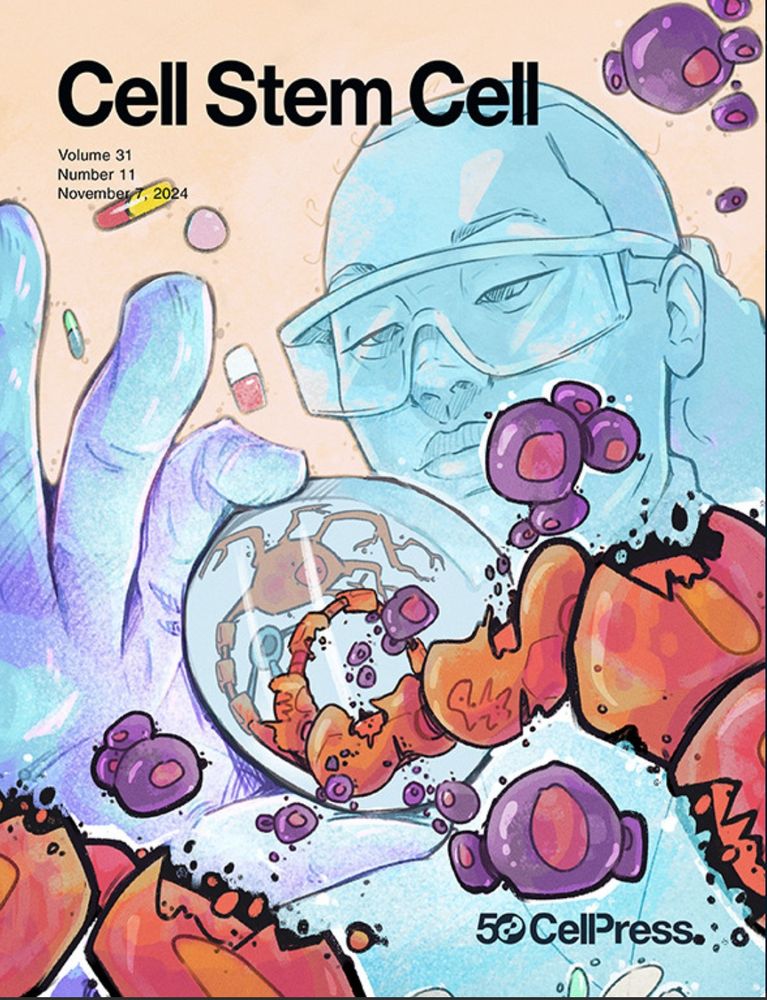 The image shows a scientist holding a petri dish with a neuron showing deteriorated myelin, symbolizing MS, while stem cells float around, highlighting their critical role in potential therapies. Cover art by DrawImpacts.